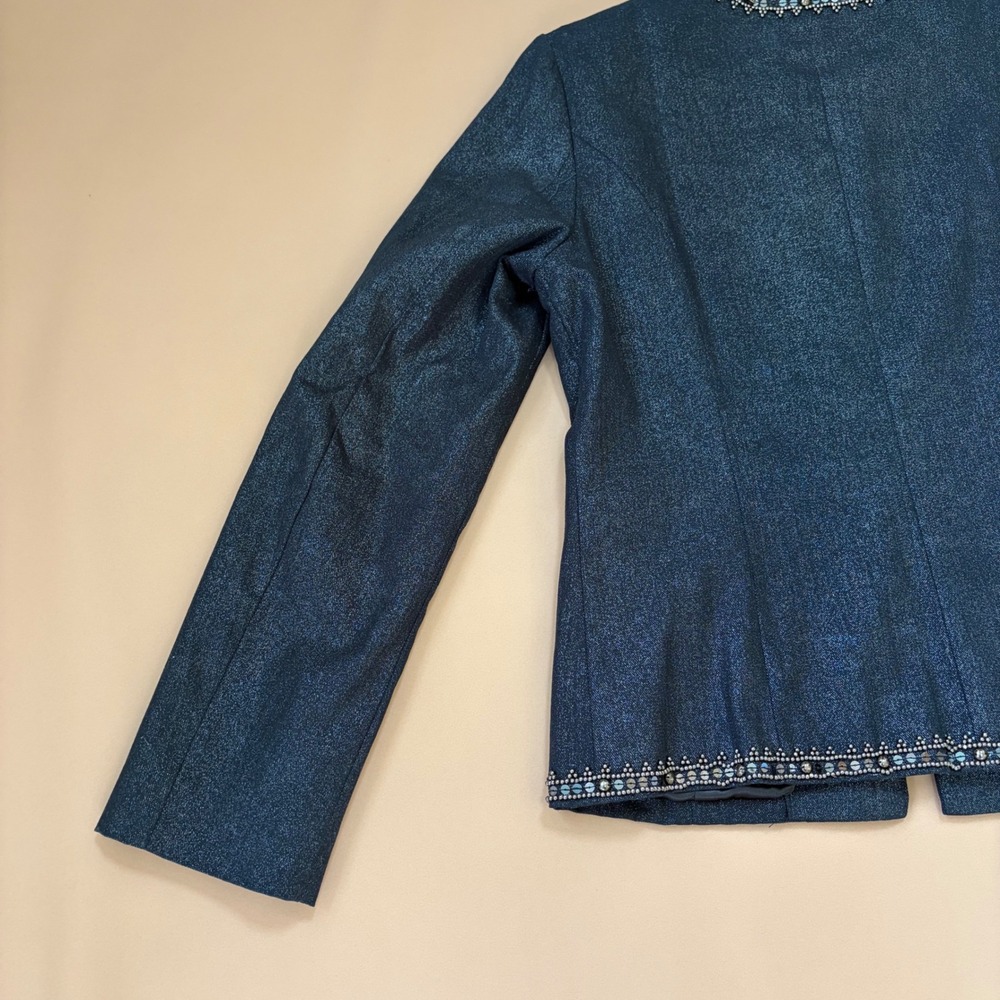 Chicos Military Band Denim Jacket Beaded Sequin Metallic Denim Black Blue 0 S - Picture 12 of 13